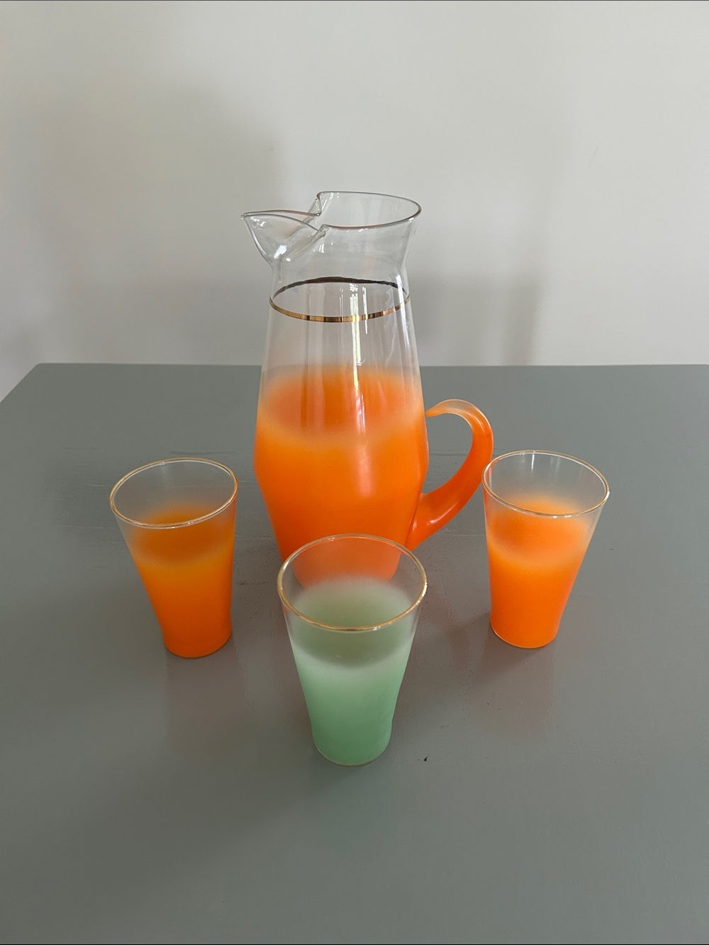 Vintage Blendo AtomicOrange Ombre Glass Pitcher and Tumbler Set with Gold Accent